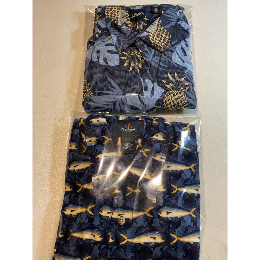 2 Rayon Shirts Ivy Crew Mens Mahi Mahi Fish Puritan Print Button Blue Sleeve LG‎